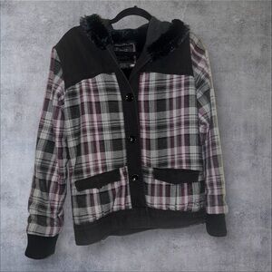 Fox Plaid Hooded Jacket with Faux Fur Trim